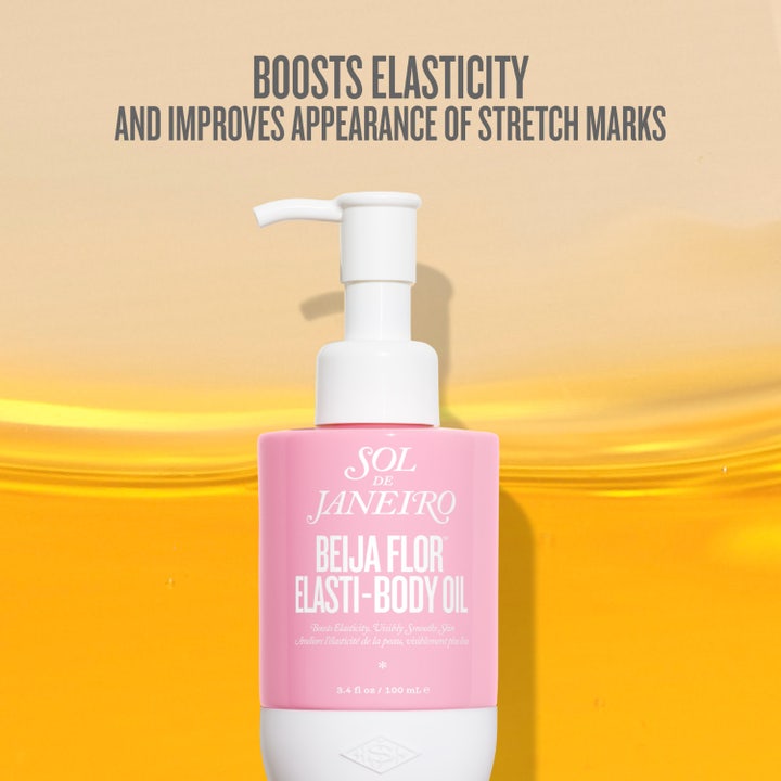 Sol de Janeiro Beija Flor Elasti-Body Oil 100 ml kropsolie øger elasticitet i pink flaske med hvid pumpe.