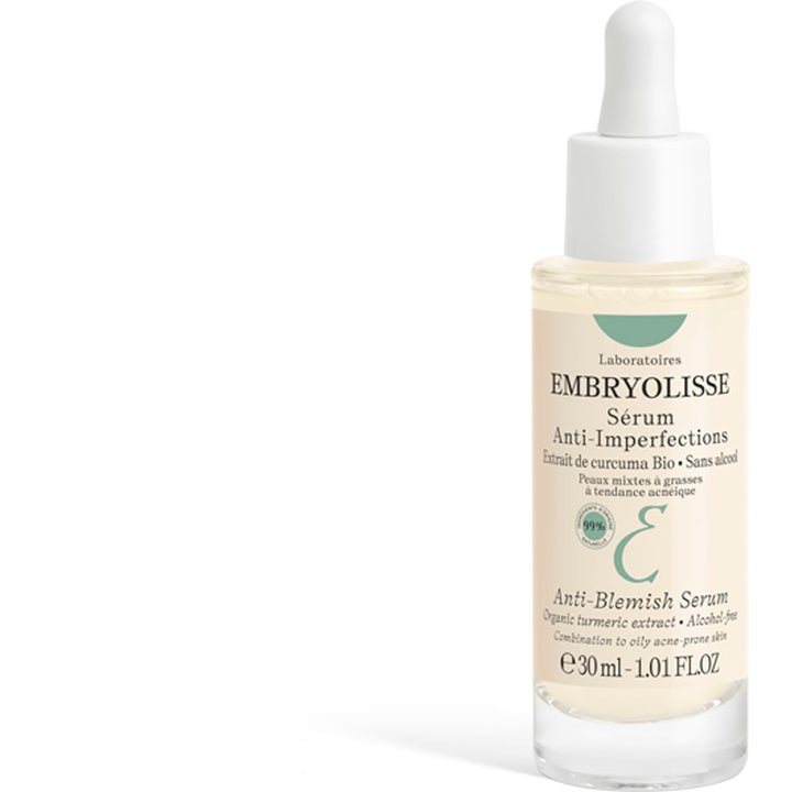 Embryolisse Anti-Blemish Serum 30 ml mod urenheder i klar glasflaske med hvid pipette og gurkemejeekstrakt