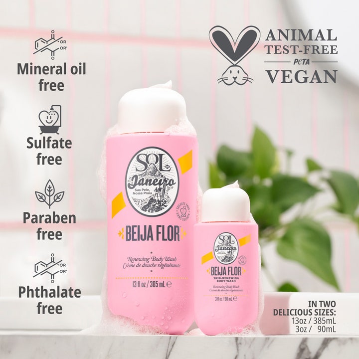 Sol de Janeiro Beija Flor Skin-Renewing Body Wash 385 ml og 90 ml vegansk og sulfatfri bodyshampoo i lyserøde flasker