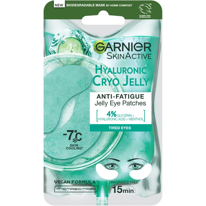 Garnier SkinActive Hyaluronic Cryo Jelly 1 par opfriskende øjenmaske med kølende grønne gelépatches i emballagen