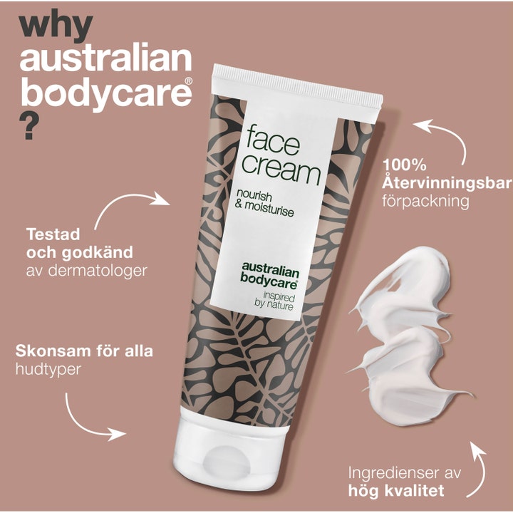 Australian Bodycare Face Cream 100 ml mod uren hud i mønstret tube ved siden af en hvid cremetekstur