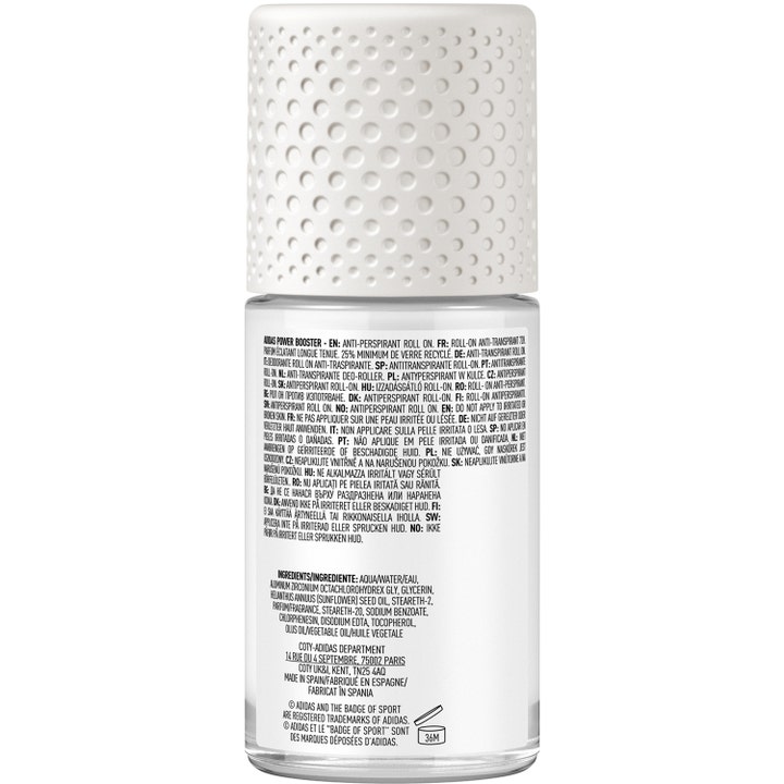 Adidas Adipower Booster 50 ml roll-on deodorant mod sved viser bagsiden af klar flaske med hvidt tekstureret låg