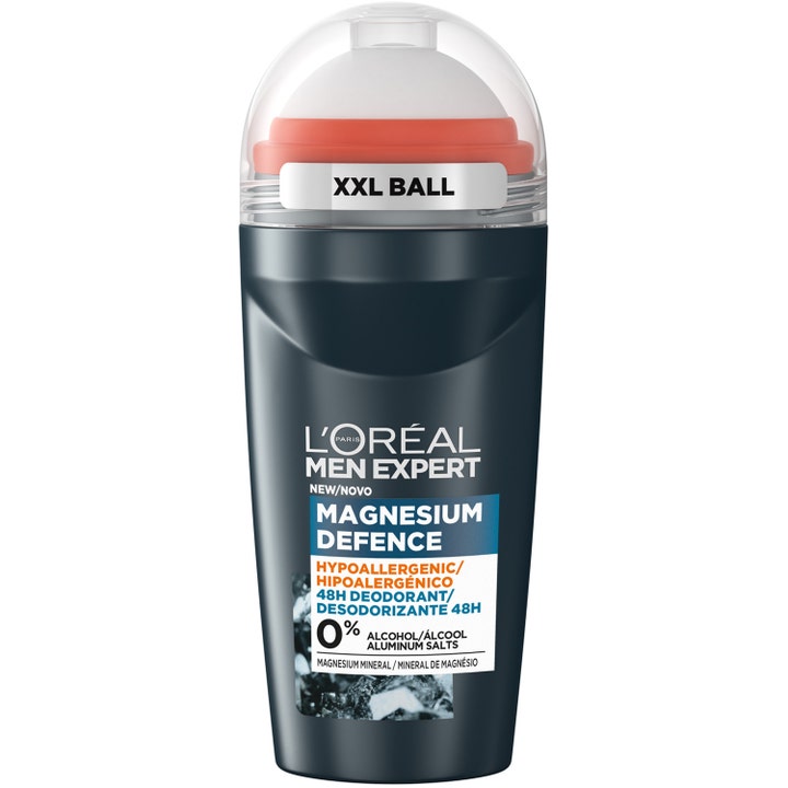 L'Oréal Men Expert Magnesium Defence 50ml roll-on deodorant giver beskyttelse i sort flaske med stor hvid XXL-kugle.