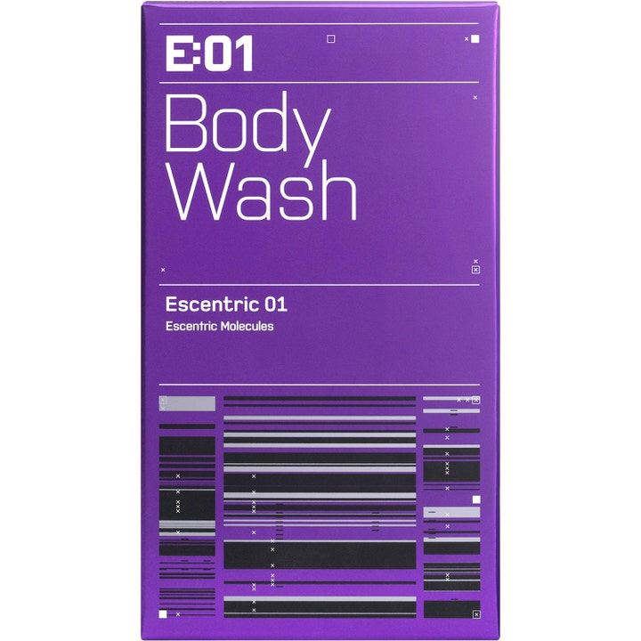 Escentric Molecules Escentric 01 Body Wash 200 ml luksuriøs kropsvask i lilla emballage med grafisk design