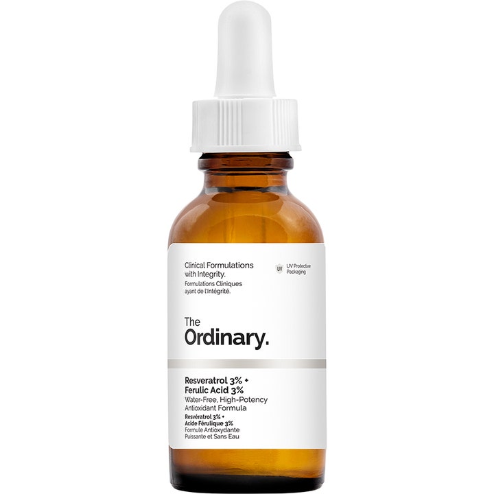 The Ordinary Resveratrol 3% + Ferulic Acid 3% 30 ml antioxidant serum i brun glasflaske med hvid pipette.