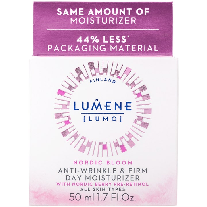 Lumene Nordic Bloom Anti-Wrinkle & Firm Day Moisturizer 50 ml opstrammende dagcreme i hvid æske med lilla mønster.
