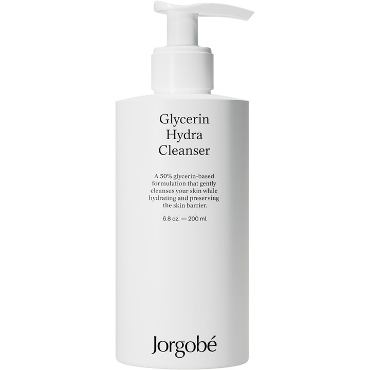 Jorgobé Glycerin Hydra Cleanser 200 ml fugtgivende ansigtsrens med glycerin i hvid flaske med pumpe.