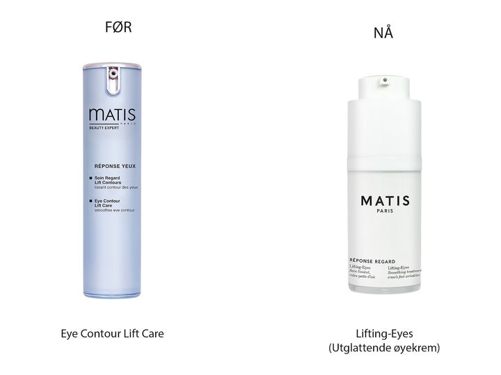 Matis Réponse Regard Lifting Eyes 15 ml opstrammende øjencreme i hvid flakon viser før og nu design