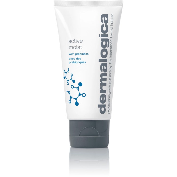 Dermalogica Active Moist fugtgivende ansigtscreme i hvid tube med gråt vippelåg og blåt molekyledesign