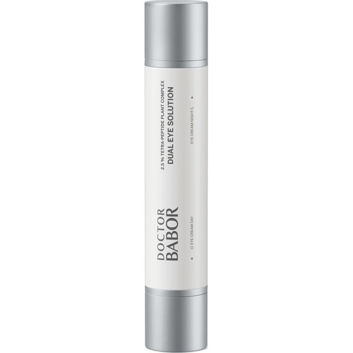 Doctor Babor Dual Eye Solution øjencreme mod mørke rande i hvid cylinderformet beholder med sølvfarvede låg