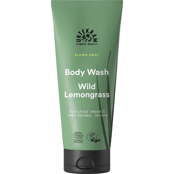 Urtekram Wild Lemongrass Body Wash 200 ml genfugter huden i en grøn tube med sort låg og græsdetaljer