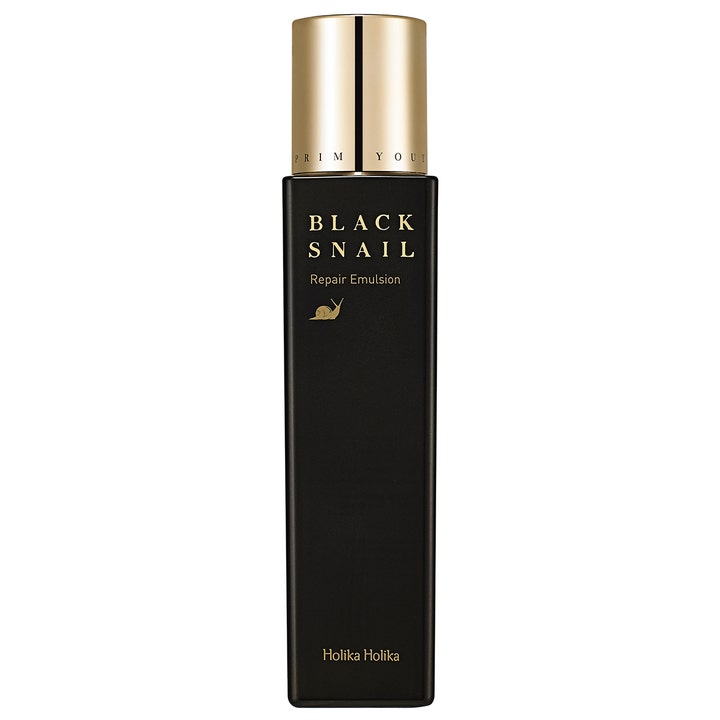 Holika Holika Prime Youth Black Snail Repair Emulsion reparerende ansigtspleje i sort flaske med guldlåg