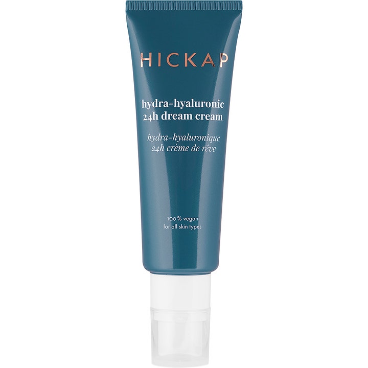 Hickap Hydra-hyaluronic 24h Dream Cream 50 ml fugtgivende ansigtscreme i en blå tube med hvid pumpe.