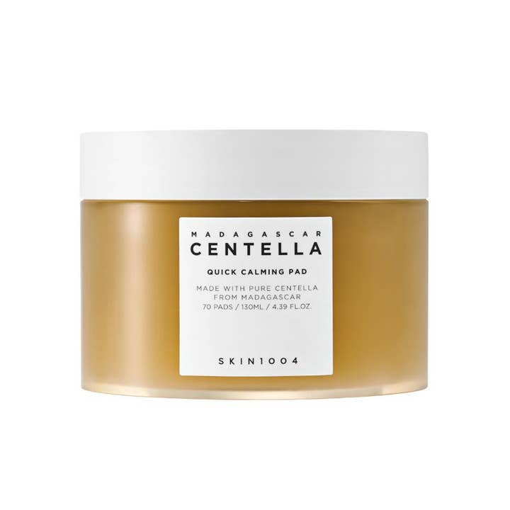 SKIN1004 Madagascar Centella Quick Calming Pad 70 stk beroligende pads i gennemsigtig brun krukke med hvidt låg