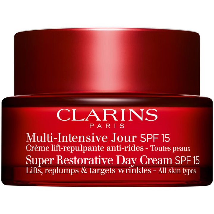 Clarins Super Restorative Day Cream SPF 15 løftende dagcreme i rød glaskrukke med metallisk rødt låg og hvid skrift
