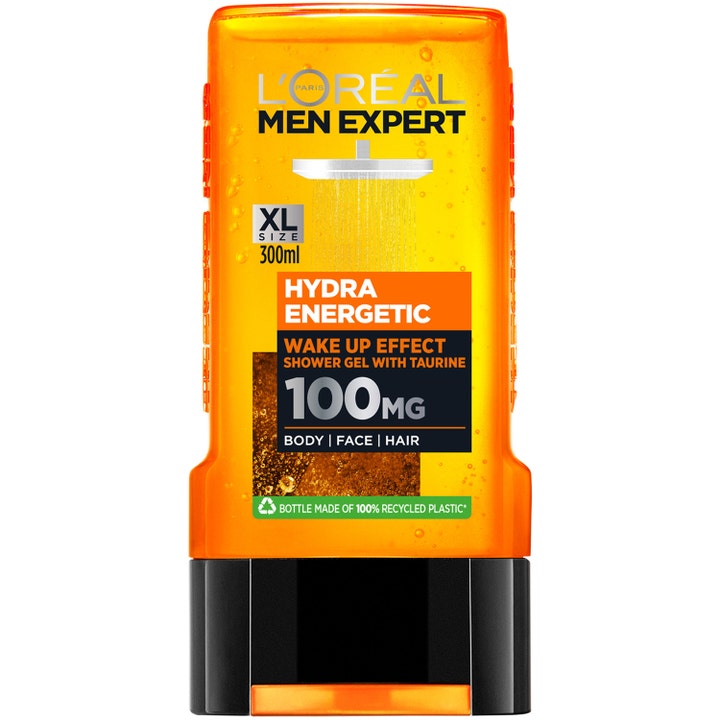 L'Oréal Men Expert Hydra Energetic 300 ml opkvikkende showergel i gennemsigtig orange flaske med sort låg
