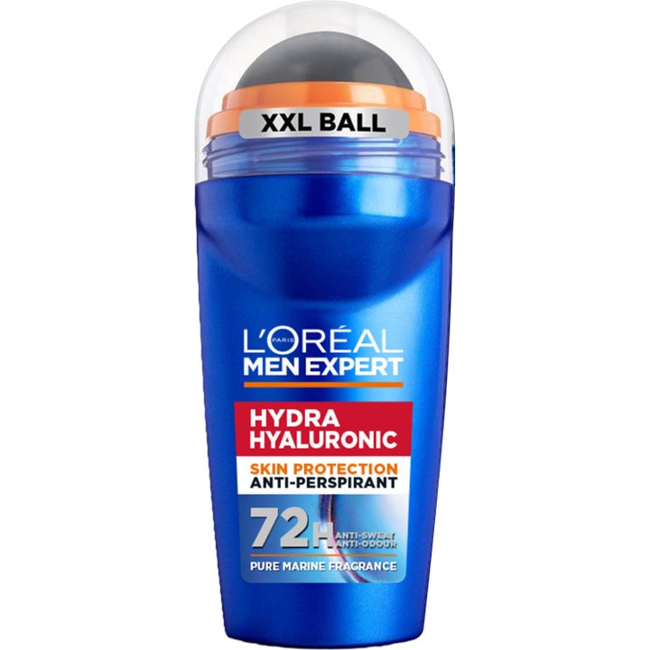 L'Oréal Men Expert Hydra Hyaluronic beskyttende anti-perspirant roll-on i blå flaske med stor sort kugle