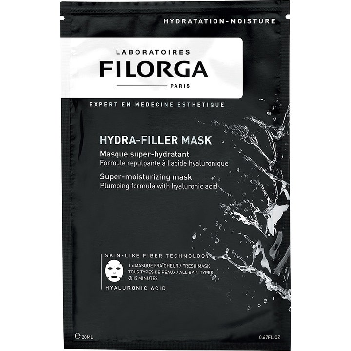 Filorga Hydra-Filler Mask 20 ml fugtgivende sheet mask med hyaluronsyre i sort sachet med hvide vandstænk