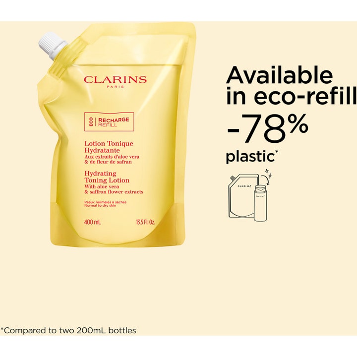 Clarins Hydrating Toning Lotion 400 ml fugtgivende toner til tør hud i gul eco-refill pose med aloe vera