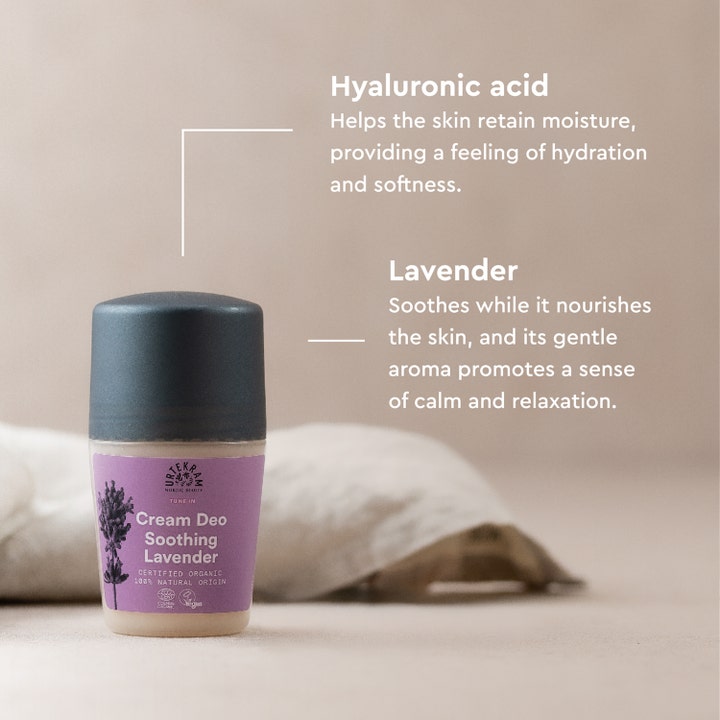 Urtekram Soothing Lavender Deo 50 ml beroligende deodorant med info om hyaluronsyre og lavendel