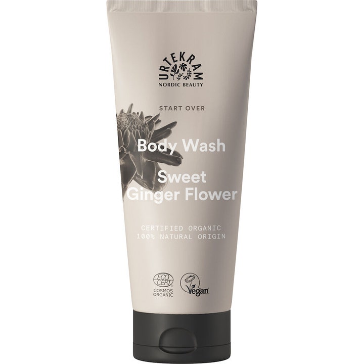Urtekram Sweet Ginger Flower Body Wash 200 ml opfriskende kropsvask i beige tube med sort låg og blomstermotiv.