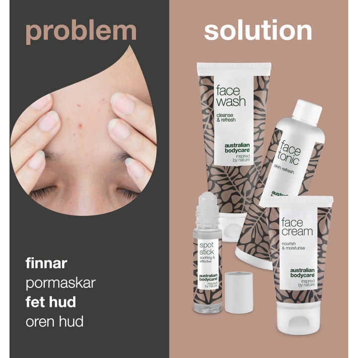 Australian Bodycare 4 Step Face Care 309 ml mod uren hud og bumser viser rens og creme i hvide tuber og flasker.
