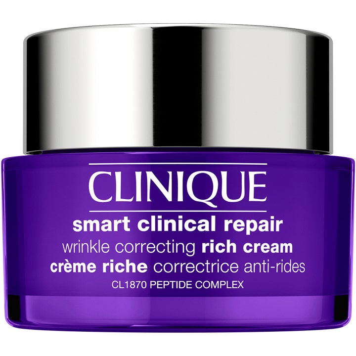 Clinique Smart Clinical Repair Wrinkle Correcting Rich Cream med peptider reducerer rynker i lilla krukke med sølvlåg