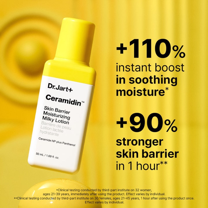Dr. Jart+ Ceramidin Milky Lotion 150 ml fugtighedscreme i gul flaske med tekst om styrket hudbarriere