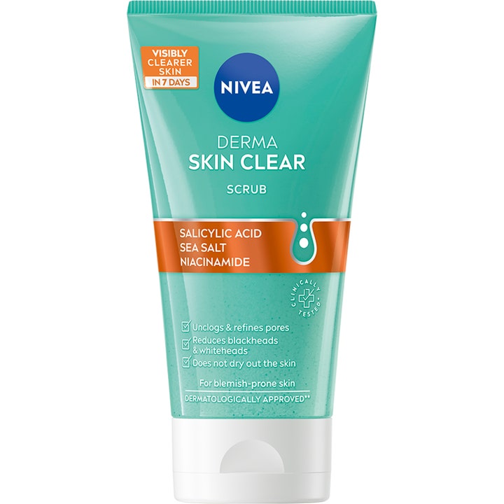 Nivea Derma Skin Clear Scrub ansigtsscrub mod urenheder i turkis tube med salicylsyre og niacinamid.