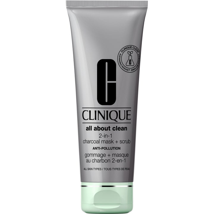 Clinique All About Clean 2-in-1 Charcoal Mask + Scrub dybderensende ansigtsmaske i grå tube med lysegrønt låg