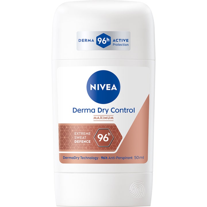 Nivea Derma Dry Control 50 ml antiperspirant stick der giver 96 timers beskyttelse i hvid emballage