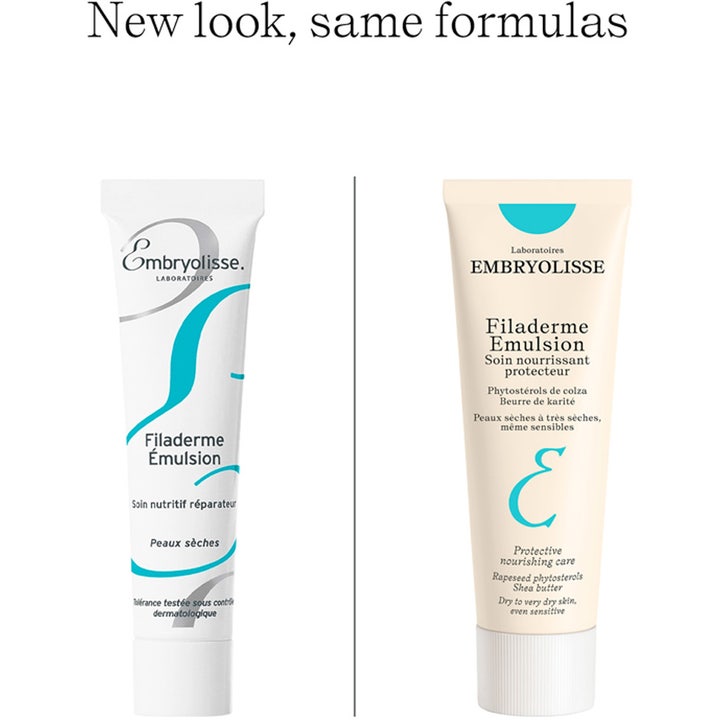Embryolisse Filaderme Emulsion 75 ml nærende ansigtscreme i nyt beige og gammelt hvidt design med New look tekst