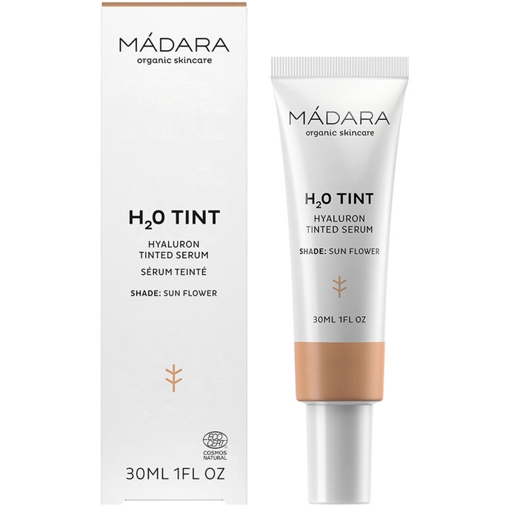 MÁDARA H2O Tint Hyaluron Tinted Serum 30 ml fugtgivende ansigtsserum i hvid tube og æske i nuance Sun Flower