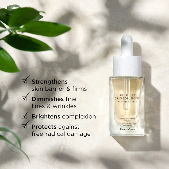 Elizabeth Arden White Tea Skin Bi-phase Oil Serum 30 ml styrker hudbarrieren i glasflaske med hvid pipette