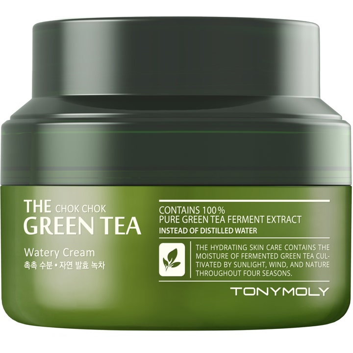 TonyMoly The Chok Chok Green Tea Watery Cream 60 ml fugtgivende ansigtscreme i en mørkegrøn krukke med sort låg