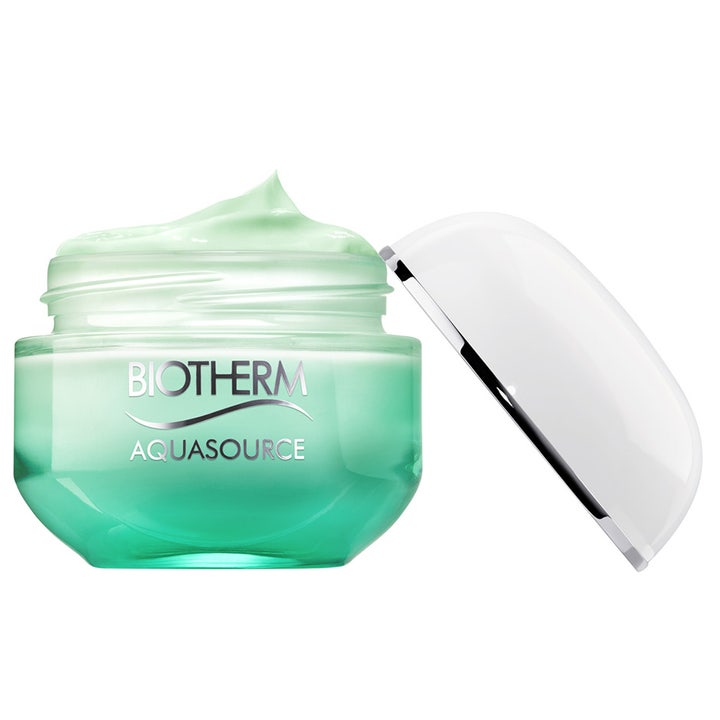 Biotherm Aquasource Moisturizing Cream 50 ml fugtgivende dagcreme i åben grøn glaskrukke med frisk lysegrøn tekstur