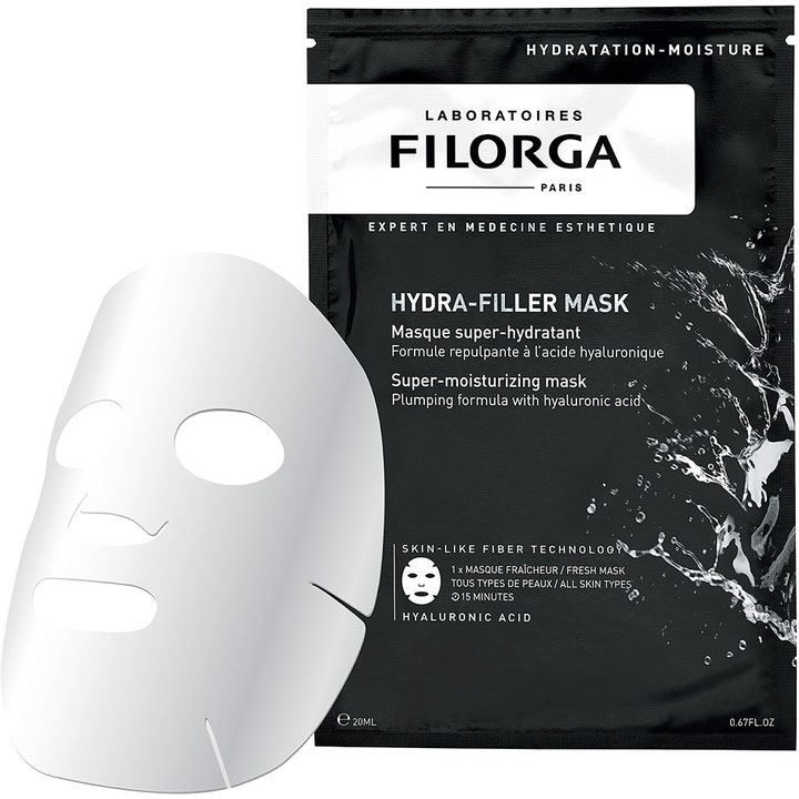 Filorga Hydra-Filler Mask 23 g fugtgivende sheet mask i sort pose med hvid ansigtsmaske og friske vandstænk