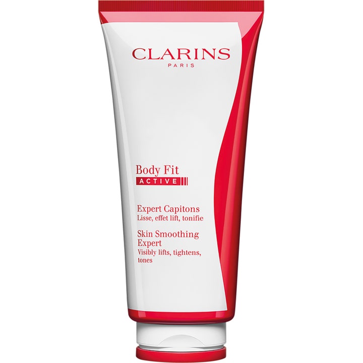 Clarins Body Fit Active 200ml opstrammende kropsgel i hvid tube med røde detaljer der udglatter huden synligt