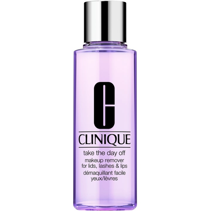 Clinique Take The Day Off Makeup Remover fjerner effektivt makeup i en lilla gennemsigtig flaske med sølvlåg