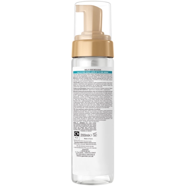 Garnier Ambre Solaire Natural Bronzer 200 ml selvbruner mousse bagside af gennemsigtig flaske med tekst og guldtop