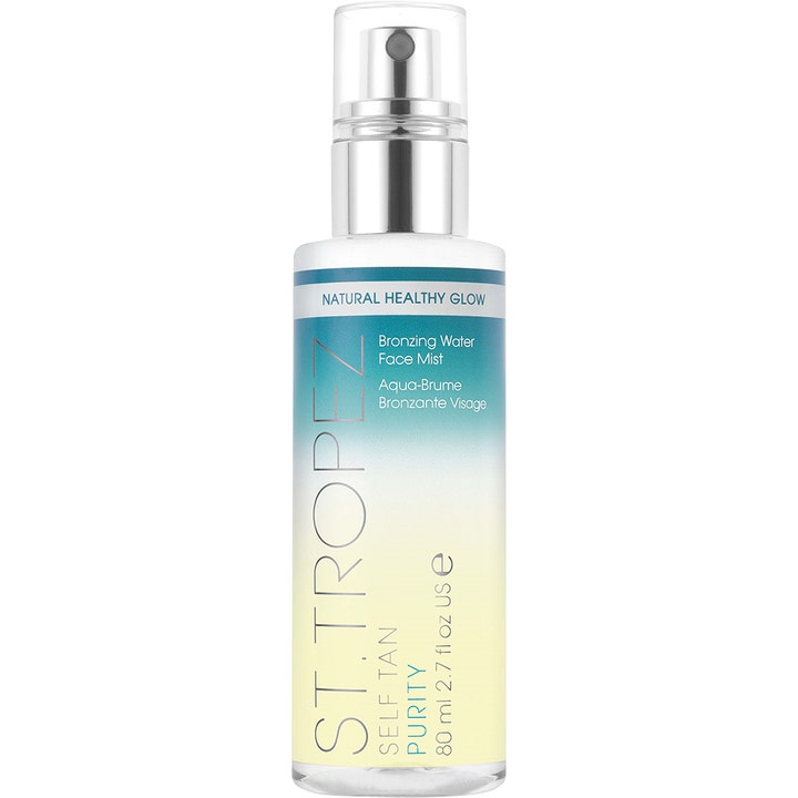 St. Tropez Self Tan Purity Bronzing Water Face Mist 80 ml giver naturlig glød i gennemsigtig sprayflaske med sølvpumpe.