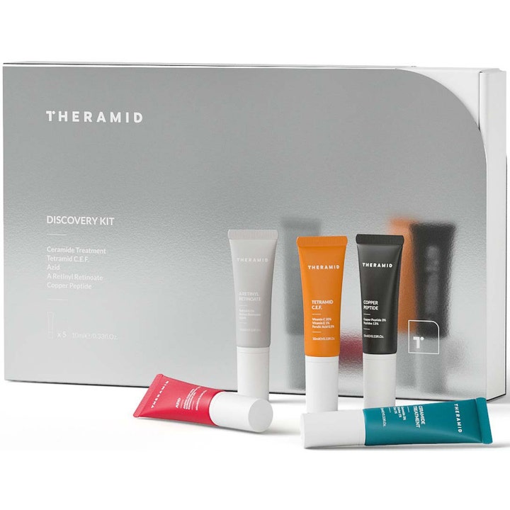 Theramid Discovery Kit 5x10ml hudplejesæt til ansigtet i en sølvfarvet æske med fem små farverige tuber foran