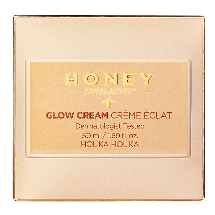 Holika Holika Honey Royalactin Glow Cream 50 ml glødgivende ansigtscreme i kvadratisk guld- og champagnefarvet emballage
