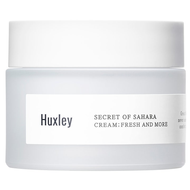 Huxley Secret of Sahara Cream Fresh and More fugtgivende ansigtscreme i en krukke af frostet glas med hvidt låg