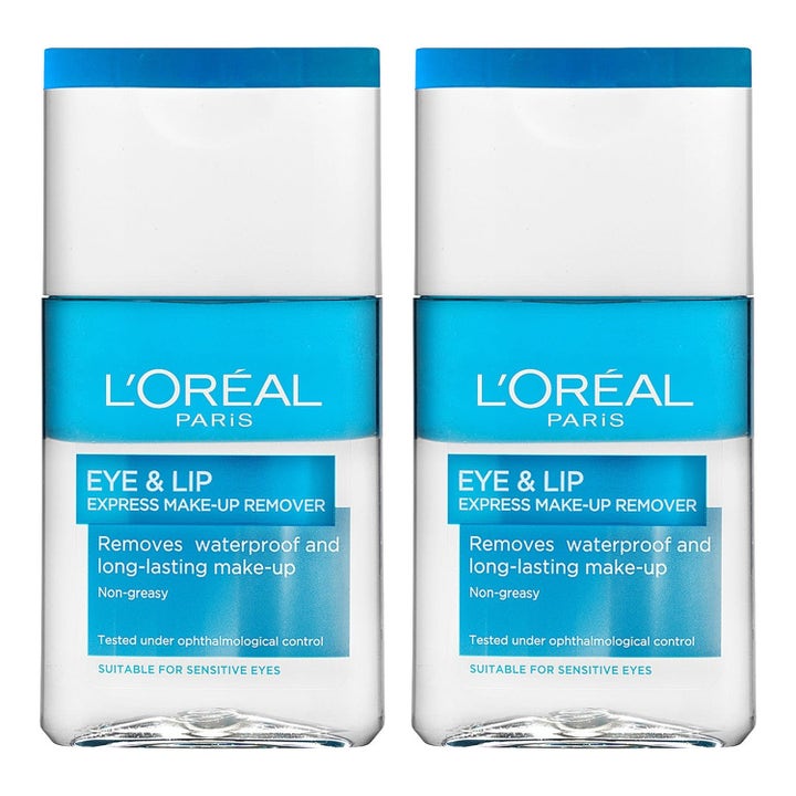 L'Oréal Paris Eye & Lip Express Make-up Remover to flasker fjerner vandfast makeup med blå tofaset væske.