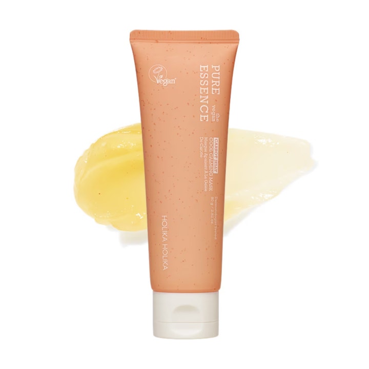 Holika Holika Pure Essence Carrot Jelly Cool Calming Mask 80 g beroligende ansigtsmaske i orange tube med gul gelétekstur