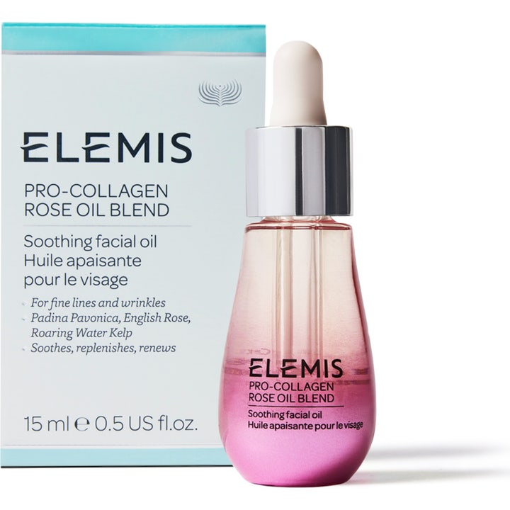 Elemis Pro-Collagen Rose Facial Oil 15 ml beroligende ansigtsolie i pink glasflaske med sølvlåg ved siden af æsken