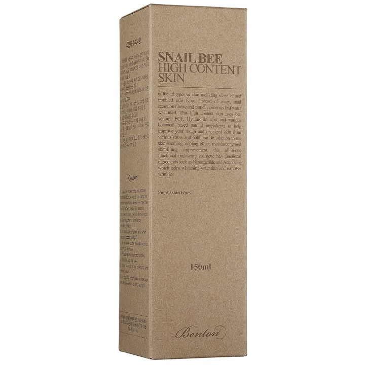 Benton Snail Bee High Content Skin 150 ml beroligende toner i brun papæske med sort tekst og produktinfo.