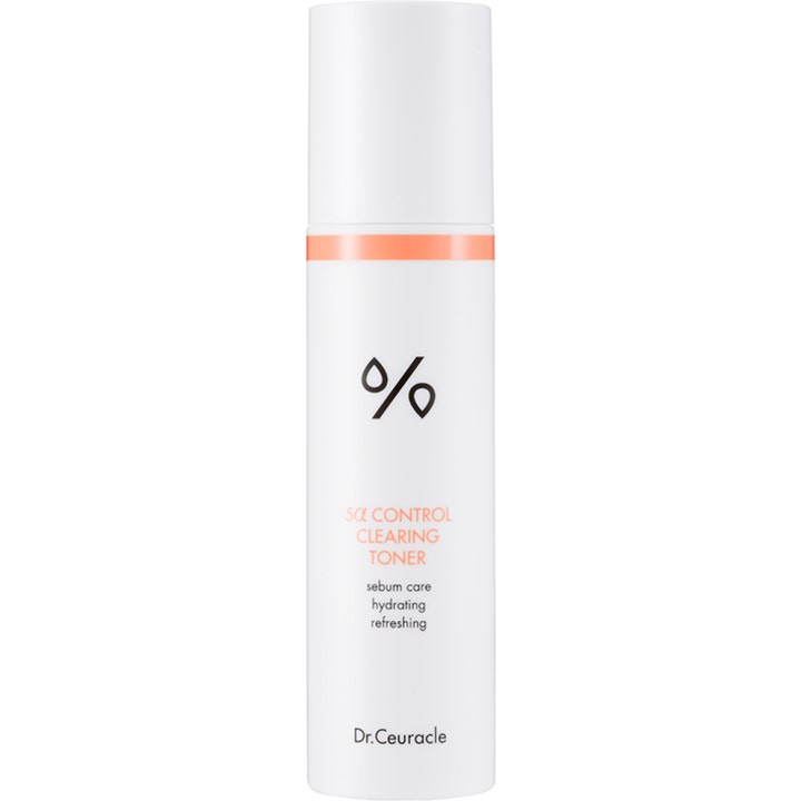 Dr. Ceuracle 5α Control Clearing Toner balancerende skintonic i hvid cylindrisk flaske med hvidt låg og orange bånd