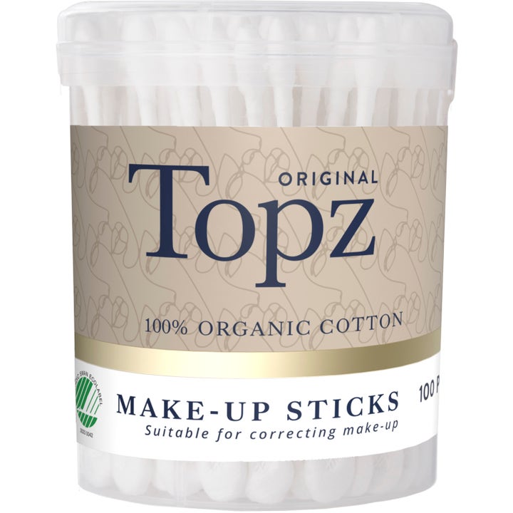 Topz Original Make-up Sticks 100 stk vatpinde af økologisk bomuld i gennemsigtig beholder med beige etiket.